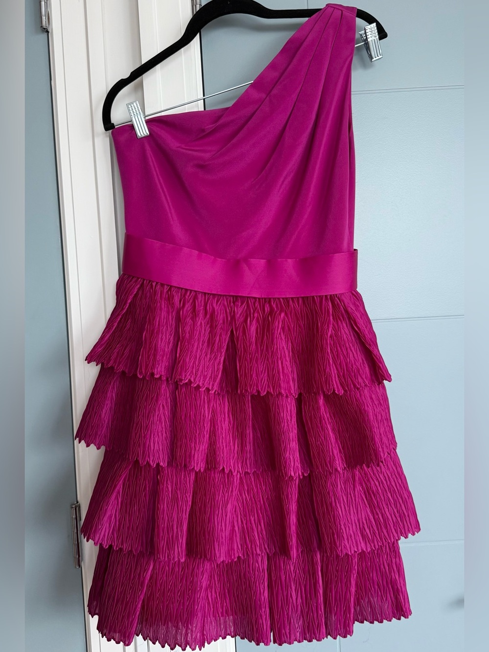 Marchesa Notte One-Shoulder 100% Silk Mini Dress w/ Ruffle Skirt in Fuchsia - 4